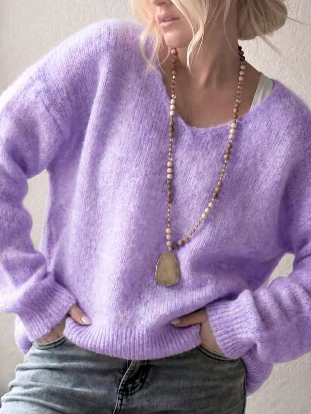 Mauve Purple Casual Women's Fuzzy Loose Drop Shoulder Round Neck Pullover